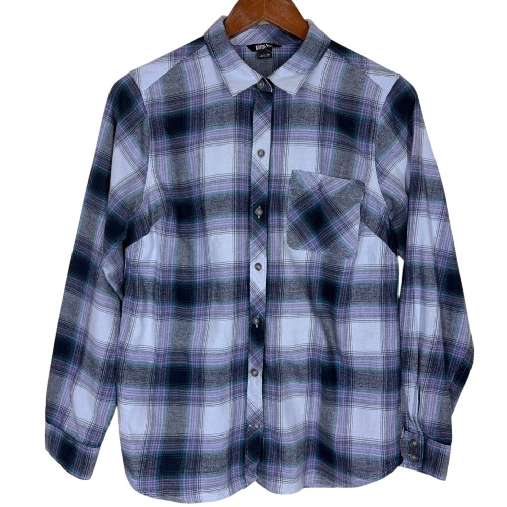 Eddie Bauer Womens Flannel Shirt Medium Purple Plaid Long Sleeve Button Up Top